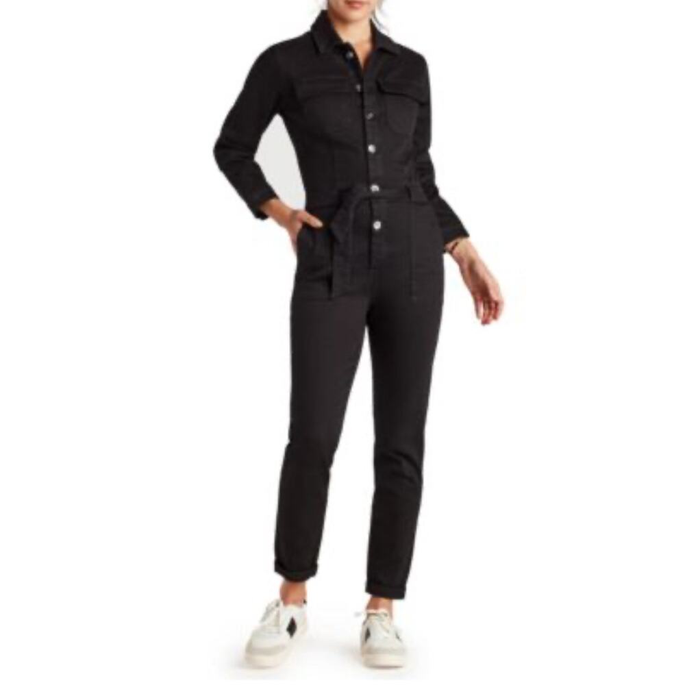 SAM EDELMAN Women's Medium Denim Coverall Jumpsuit In Mercedes Black Stretch